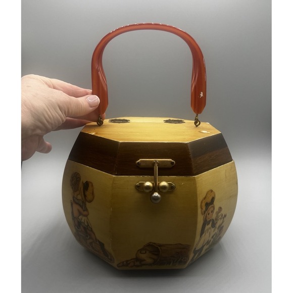 The Unbranded Brand Handbags - Vtg Octagonal Wooden Bucket Box Purse Lucite Handle Holly Hobbies 1974 Few Flaws